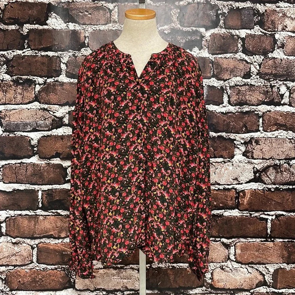 Something Navy Blouse Button Up Shirt Long Sleeve Red Pink Floral Size Large - Picture 4 of 14